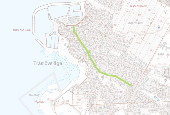 Karta över Träslövsläge. Storgatan är markerad med en grön linje som visar området där projektet genomförs.