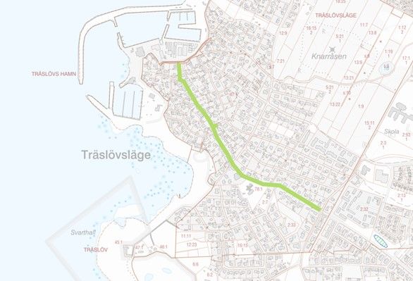Karta över Träslövsläge. Storgatan är markerad med en grön linje som visar området där projektet genomförs.