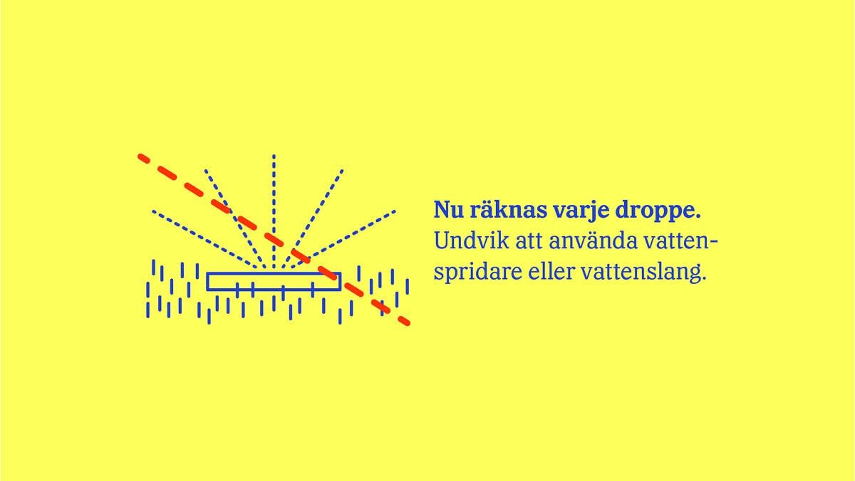 Illustration med en överstruken vattenspridare och text med uppmaning att inte använda vattenspridare.