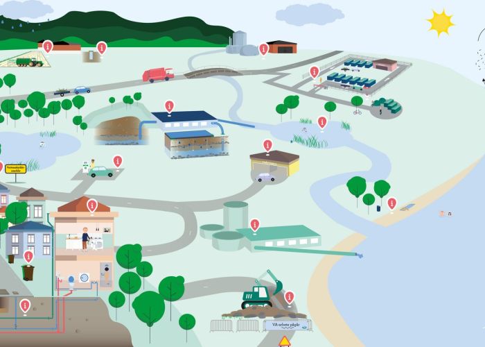 Illustration av en stad vid havet