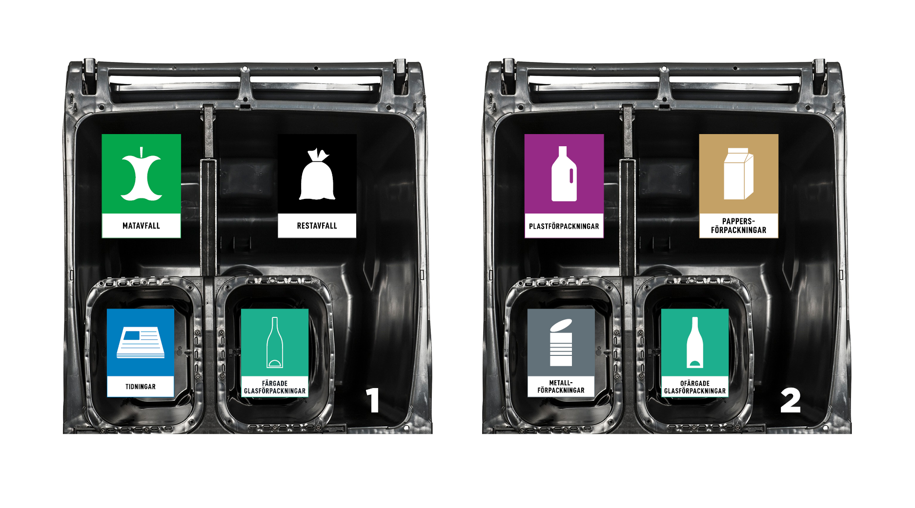 Två fyrfackskärl ovanifrån. Man ser fackindelning med symboler för de olika avfallsslagen som ska sorteras i de olika facken