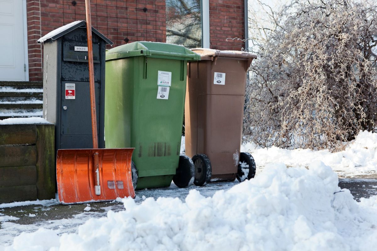 Foto med ett brunt och ett grönt avfallskärl och en snöskyffel