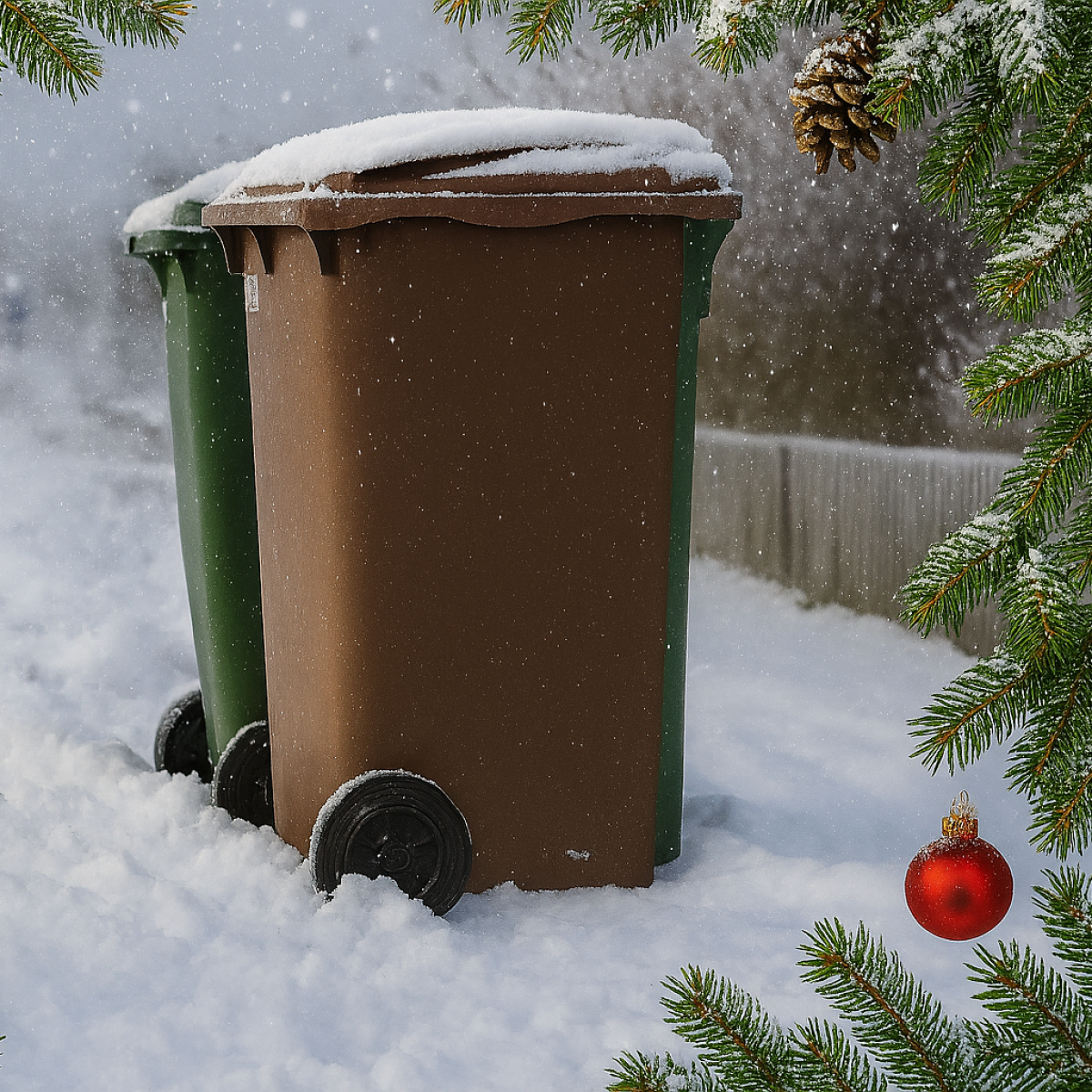 Två kärl, et grönt och ett brunt, står ute i snön